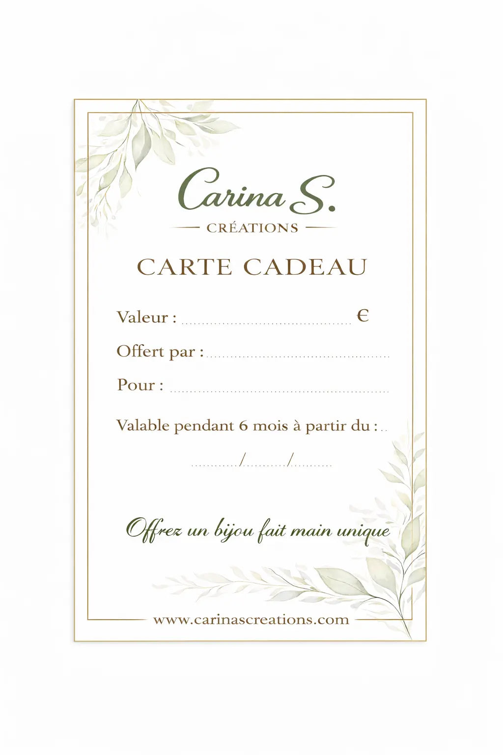 Cartes cadeaux Carina S. Créations Carina S. Créations